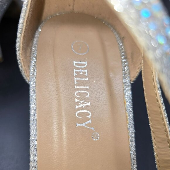 Womens Heels Silver Glitter Rhinestone Strappy Open Toe Delicacy Size 7 JJ4016 - Picture 6 of 9